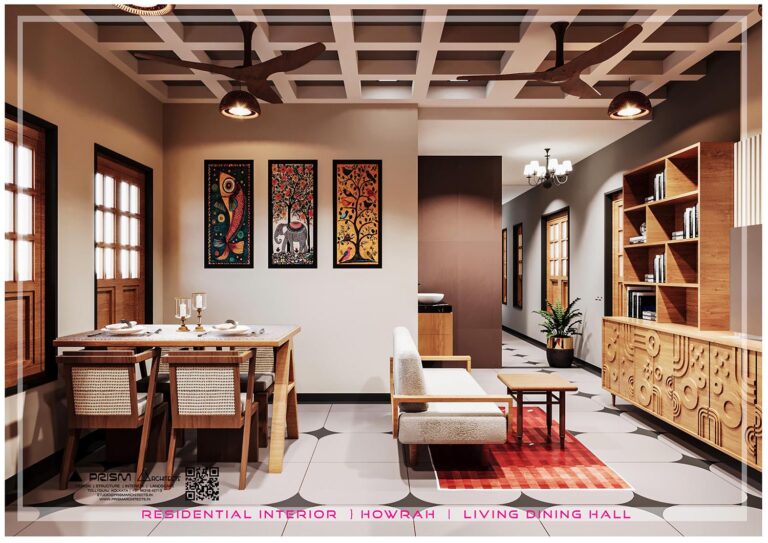 Modern residential interior design in Howrah by Prism Architects blending contemporary style with traditional elements.