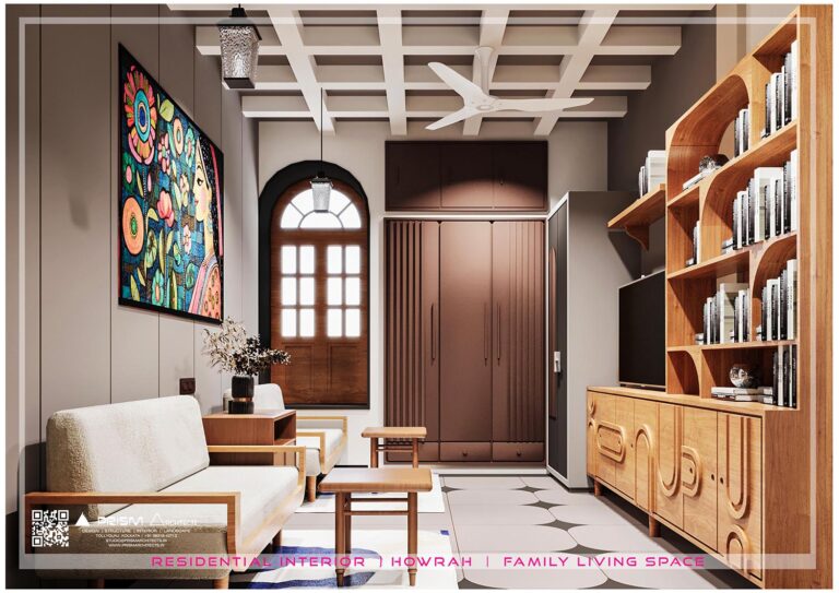 Modern Living Space interior design in Kolkata by Prism Architects blending contemporary style with traditional elements.