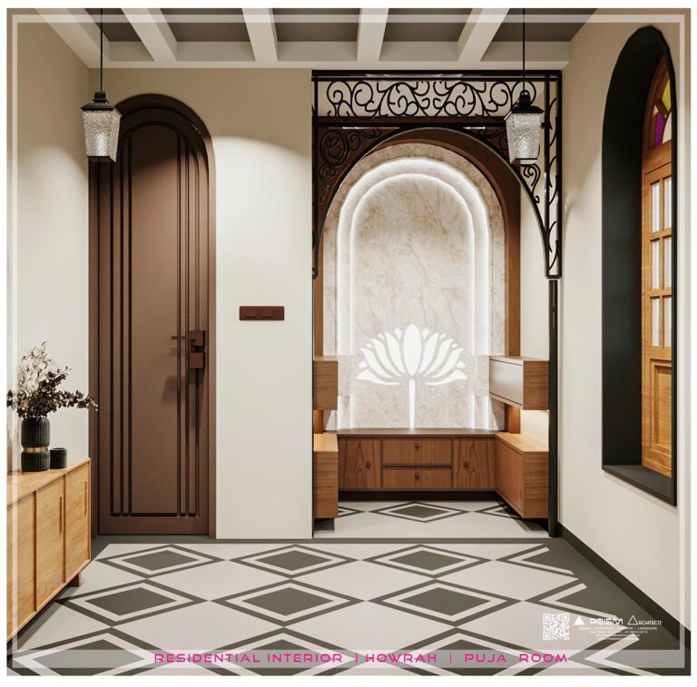 Puja Room interior design in Kolkata by Prism Architects combining modern aesthetics with a subtle old-world charm.