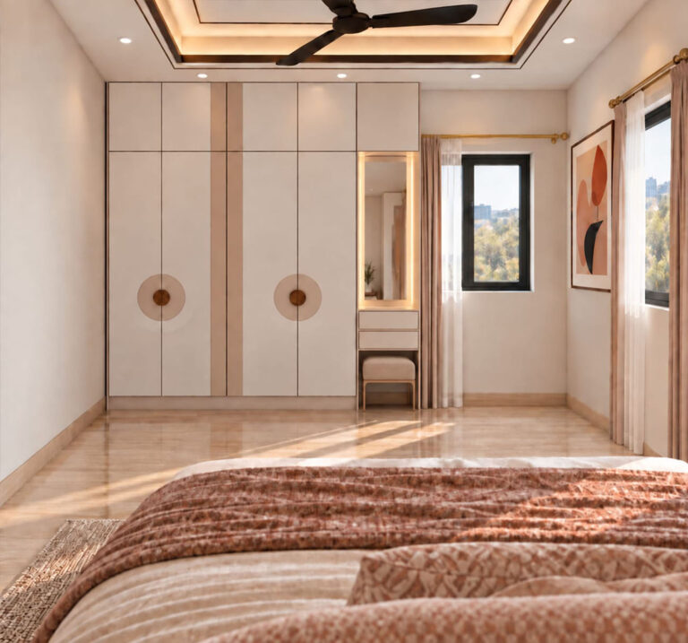Modern residential interior design in Kolkata by Prism Architects blending contemporary style with traditional elements.