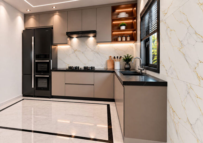 Modern residential interior design in Kolkata by Prism Architects blending contemporary style with traditional elements.