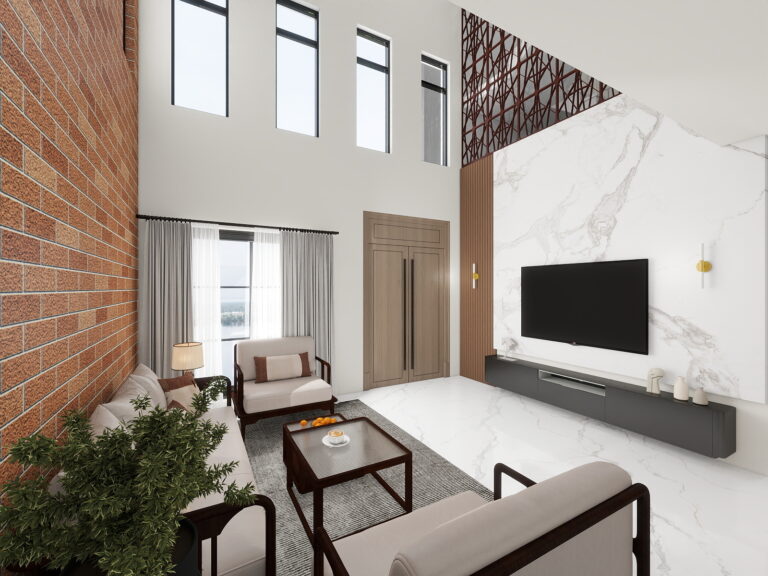Modern residential interior design in Kolkata by Prism Architects blending contemporary style with traditional elements.