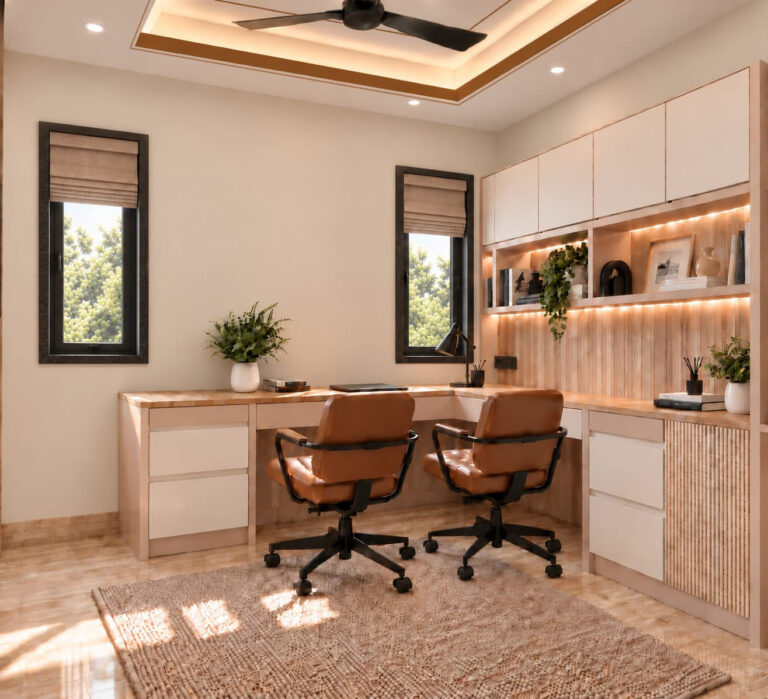 Modern residential interior design in Kolkata by Prism Architects blending contemporary style with traditional elements.